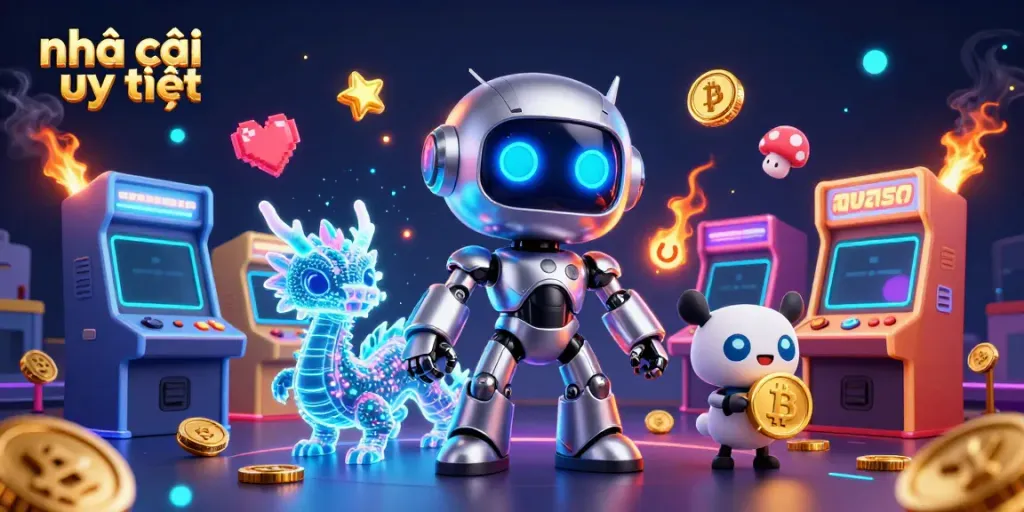Engage with the top nhà cái uy tín in an ultra-detailed 3D casino scene featuring a cyberpunk robot and gaming elements.