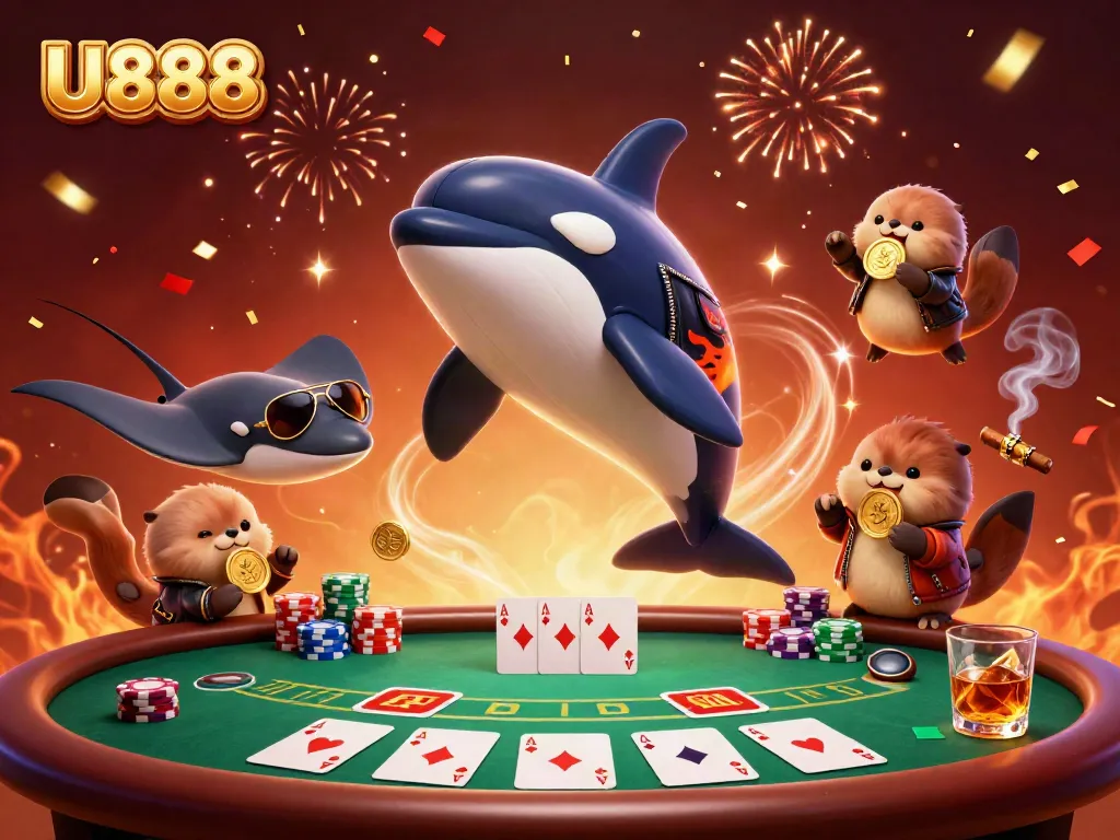 Experience the thrill of U888 with a dynamic casino scene featuring fun sea creatures and poker elements.
