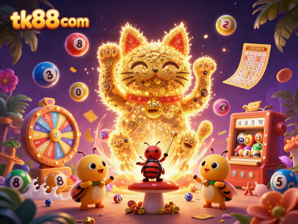Experience excitement at tk88 com with a vibrant illustration of a lucky cat made of golden fireflies and dynamic casino elements