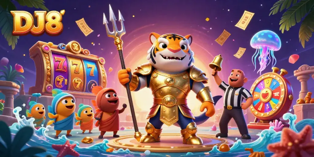 Engage with DJ8's vibrant casino scene featuring a golden gladiator shark amidst slot reels.