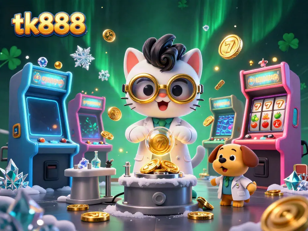 Engage with the exciting world of tk888 slots, featuring a mad scientist cat in a dynamic casino lab.