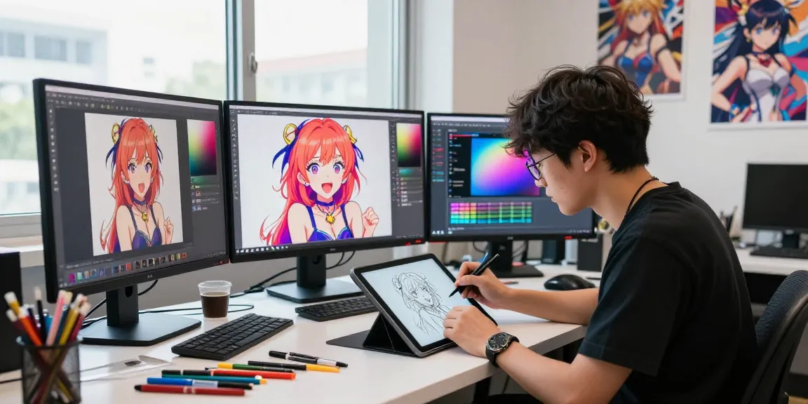 AI ecchi character design in a creative studio, artist at tablet sketching vibrant anime character.