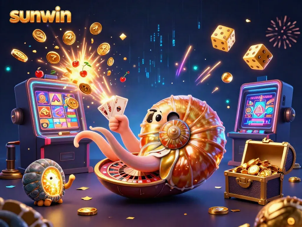 Engage with sunwin's thrilling gaming experience featuring a giant nautilus holding cards, amidst vibrant casino rewards.