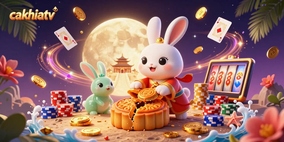 Cakhiatv showcases a vibrant 3D moon rabbit scene with casino elements for gamers.