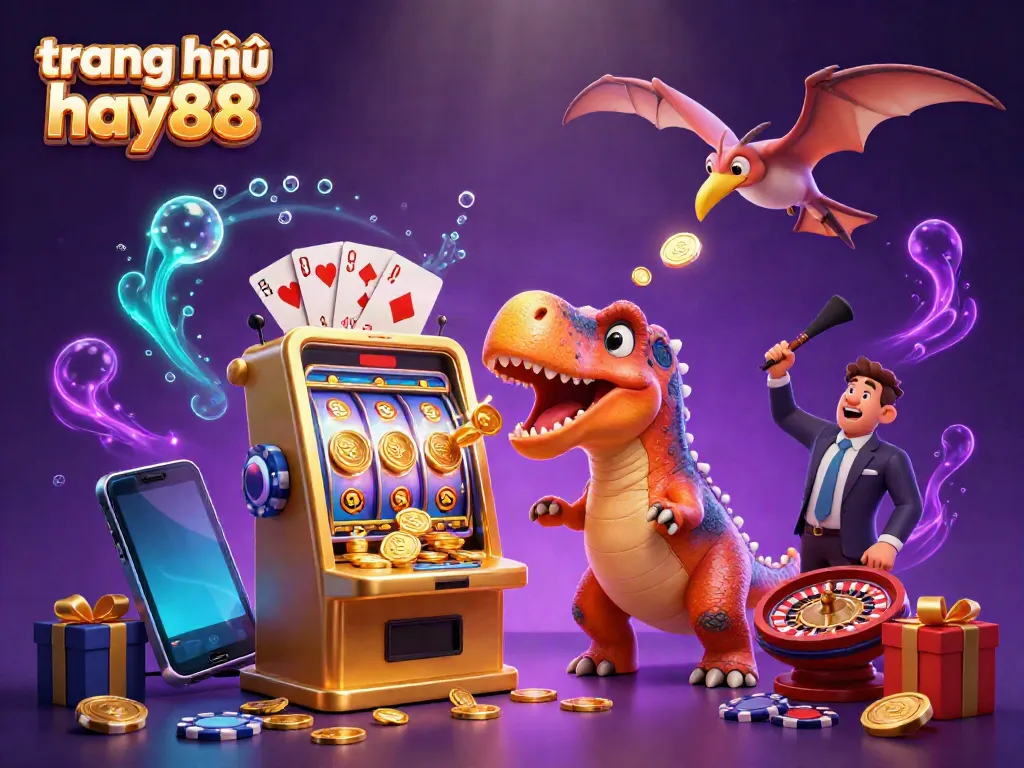 Experience the excitement of trang chủ hay88 with a dinosaur-themed casino scene full of action and joy.
