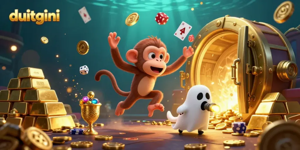 Juggling golden coins and casino elements, the playful duitgini monkey enchants casino adventurers.