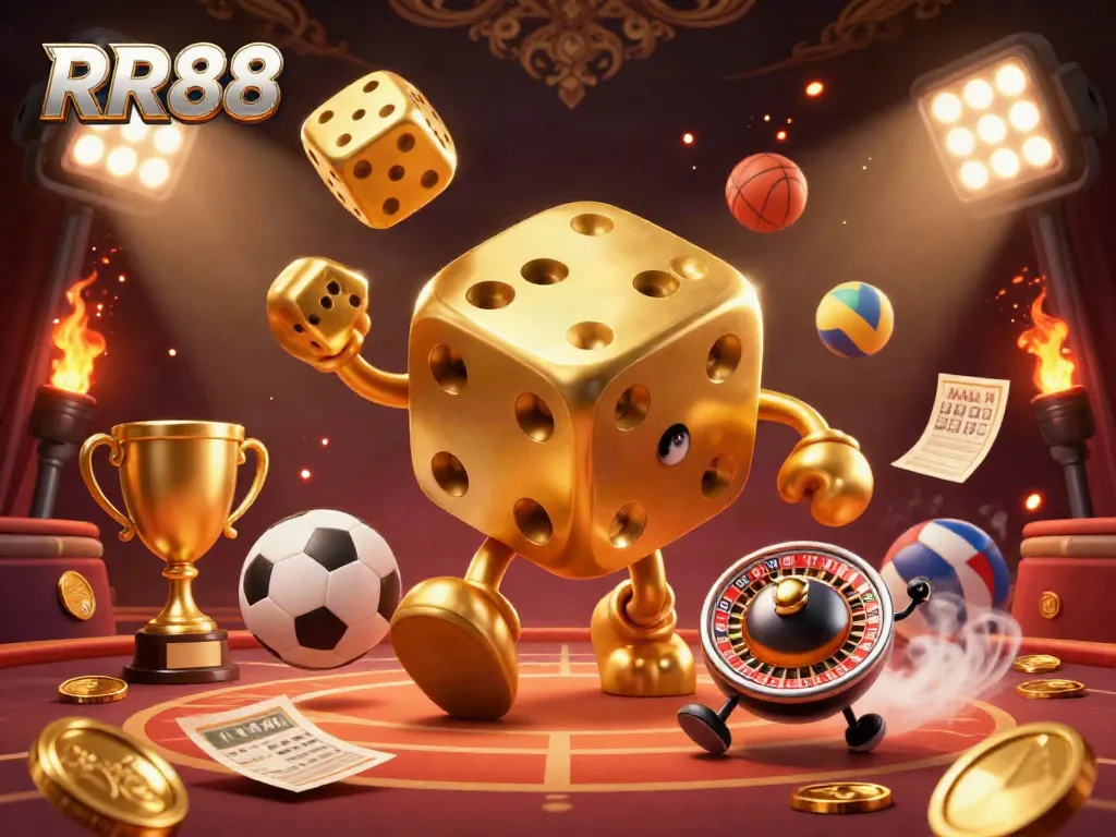 Engage with RR88’s golden dice golem and gaming elements in an exciting 3D digital casino scene.