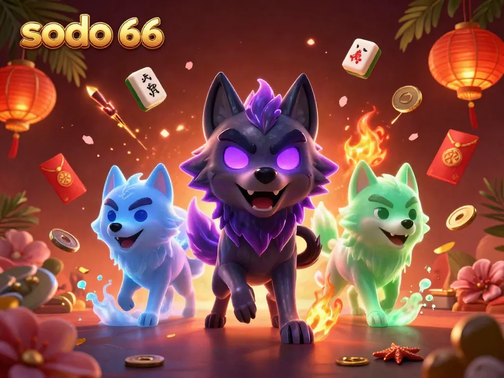 Engage with sodo 66 through a vibrant 3D casino scene featuring mystical wolves and magical gaming elements.