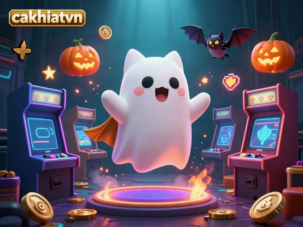Experience the thrill of cakhiatvvn with a ghost cat in a spooky casino setting surrounded by vibrant gaming elements.