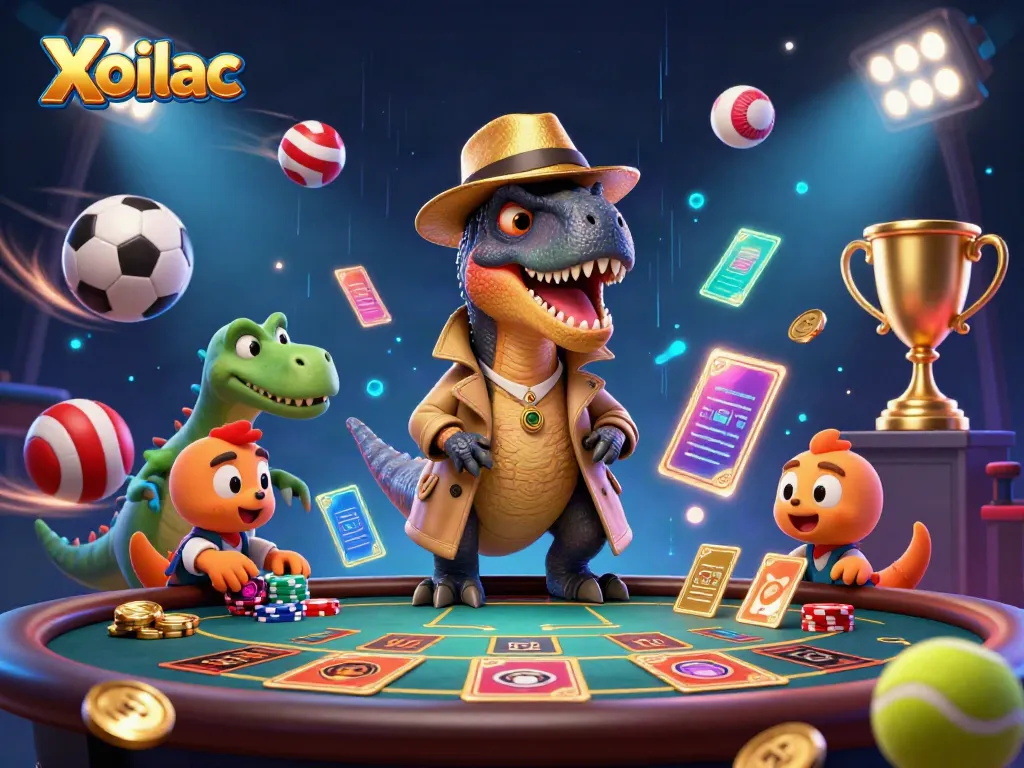 Xoilac offers an engaging scene with a velociraptor card counter at a blackjack table surrounded by sports elements.