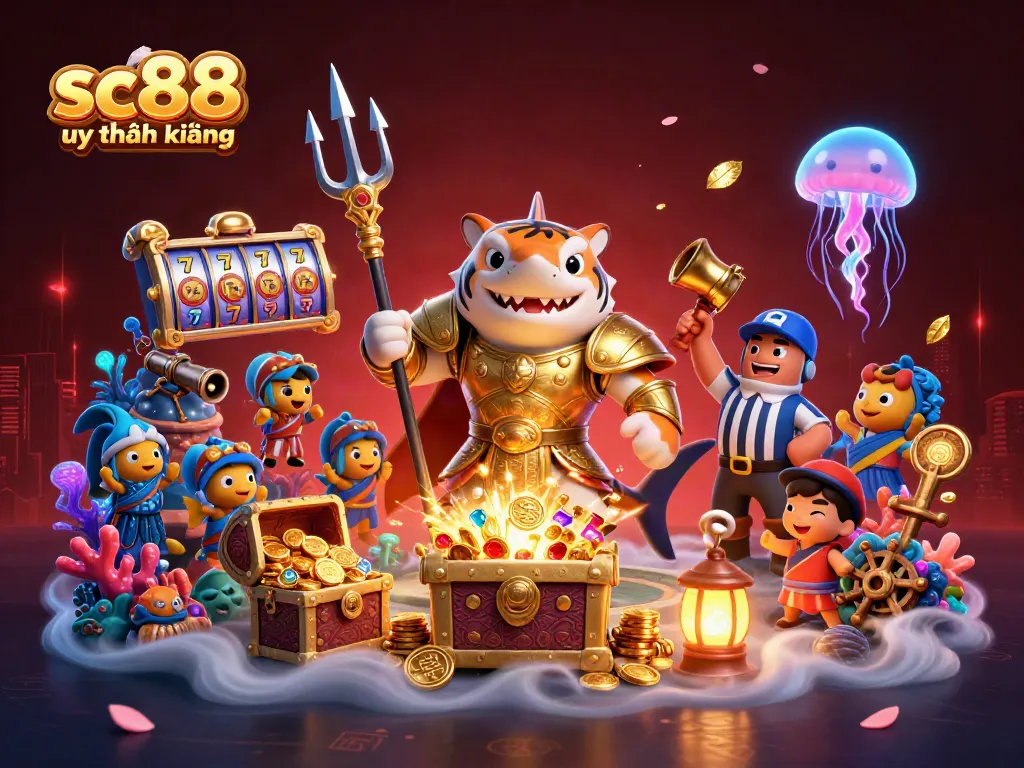 Experience sc88 uy tín không with a vibrant cartoon scene showcasing a tiger shark in a gladiator arena, winning treasures.
