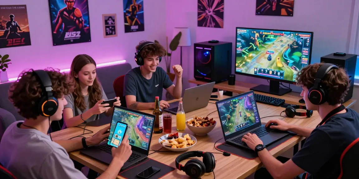 Excited players enjoying the B52 game on various devices in a cozy, vibrant gaming room.