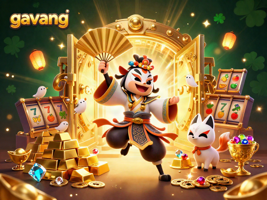 Gavang delights players with an exciting 3D illustration of a kabuki warrior crane in a vibrant casino scene.