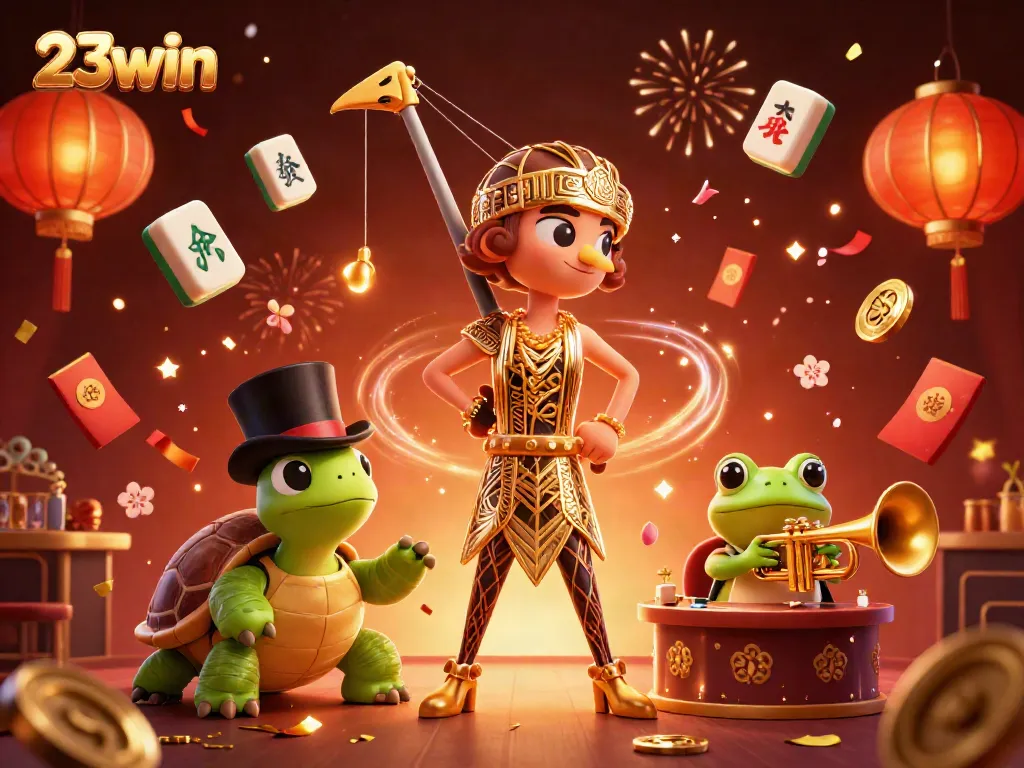 Experience the excitement of gambling with 23win's vibrant 3D scene featuring iconic characters and festive elements.