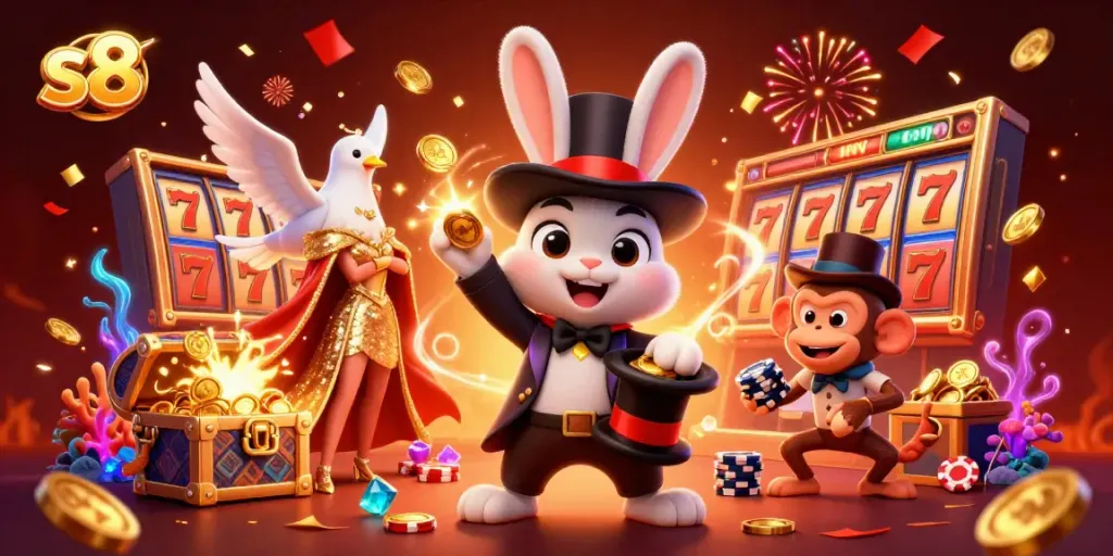 Engage with exciting online gaming at S8, featuring a lively scene of casino action with a magician rabbit and friends.