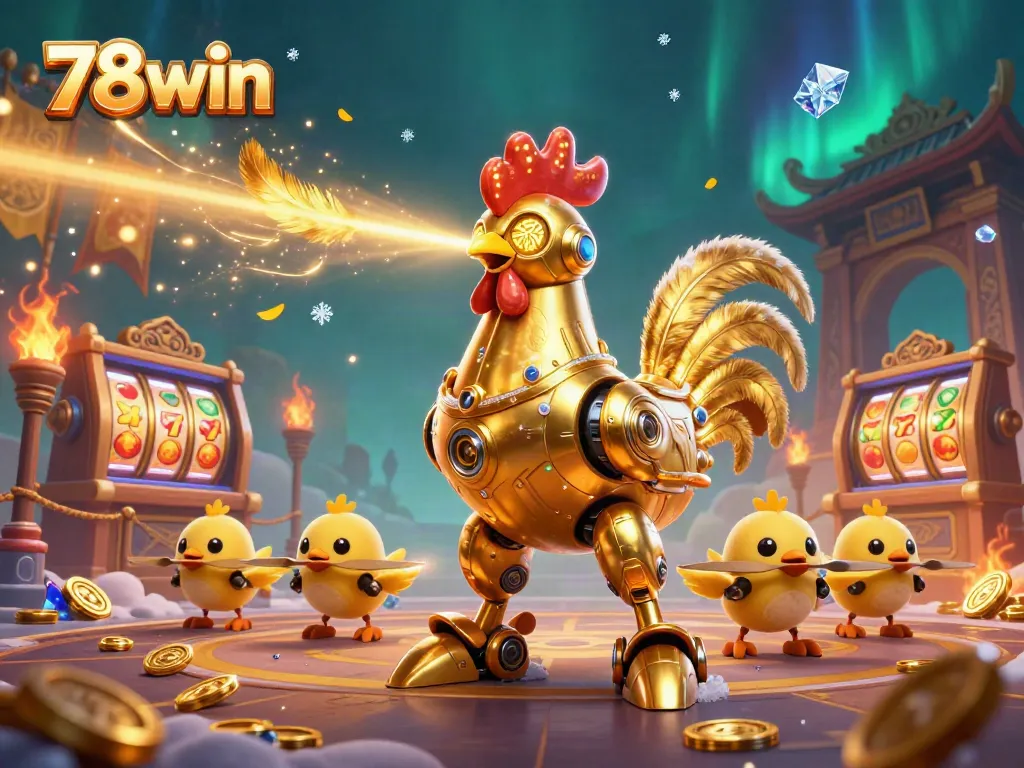 Engage with 78win's thrilling slot experience featuring a golden rooster robot and baby chick drones.