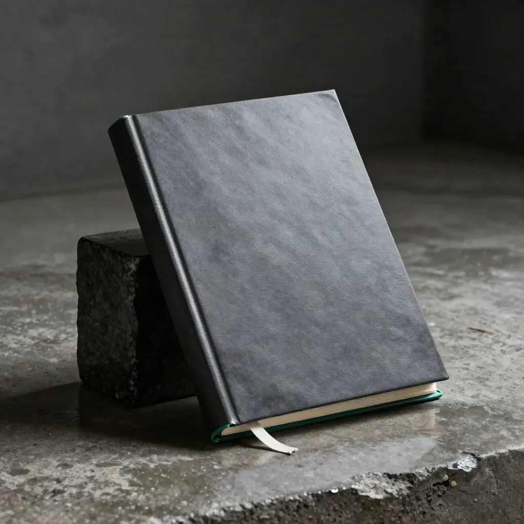 Binder profil risiko grafik di atas batu basah dengan kabus lembap dan linen berlipat.