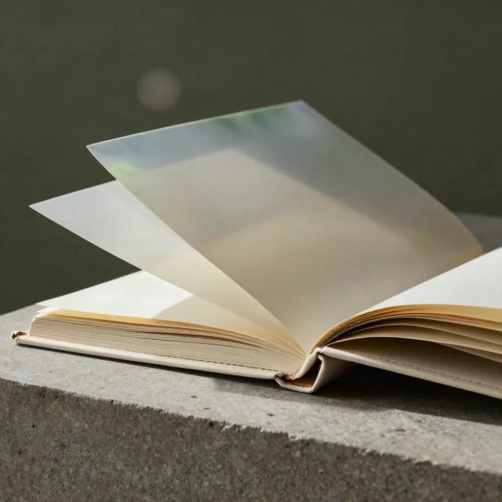 Folio panduan dividen berwarna krim di atas batu, dengan dividers lutsinar dan lipatan kain.