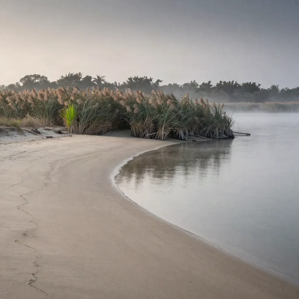 Pesisir sungai berpasir dengan rumput tebing, kabus senja, dan latar paya bakau kabur.