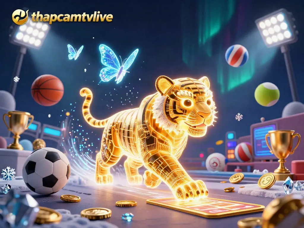 Experience thrilling live sports with thapcamtvlive featuring a neon tiger and dynamic sports elements.