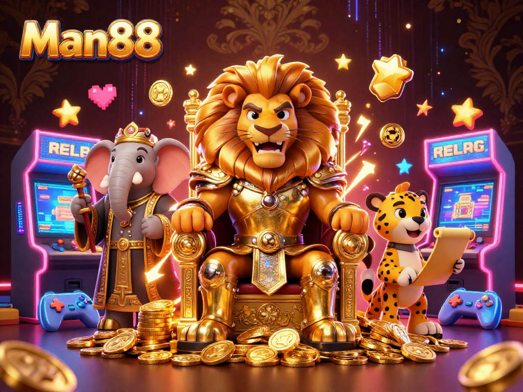 Engage with thrilling games at Man88 featuring a lion king amidst vibrant casino elements.