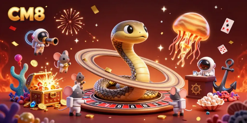 Experience the thrill of CM8 gaming with a cosmic roulette game featuring vibrant characters and rich casino elements.