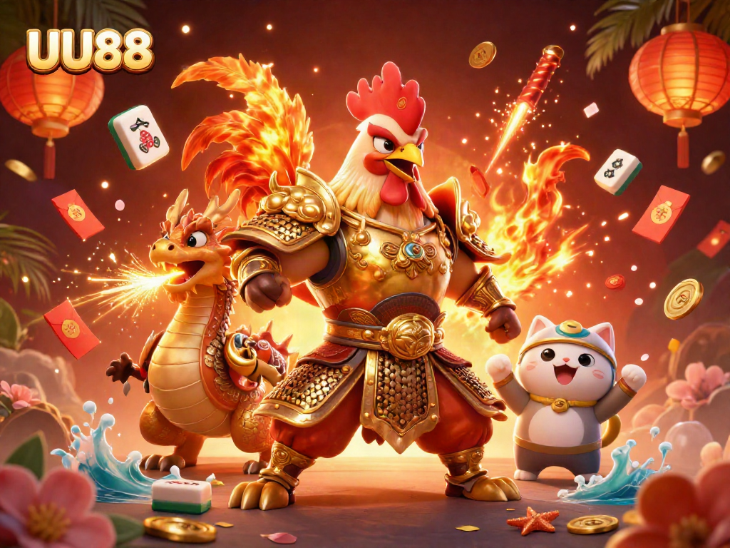 Experience the excitement of UU88 with a dynamic illustration of a fighting rooster warrior and dragon hatchling.