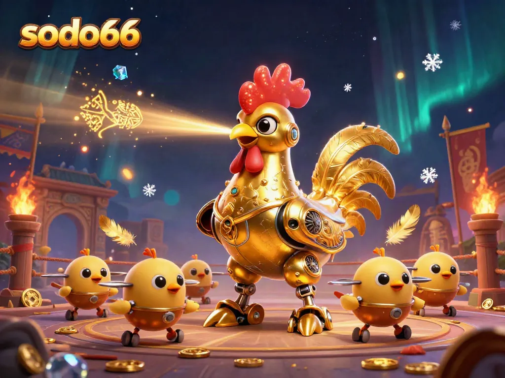 Sodo66's engaging online casino scene features a colossal golden rooster robot surrounded by baby chick drones.