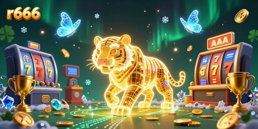 Experience the thrill of r666 casino with a dynamic golden tiger surrounded by spectacular elements.