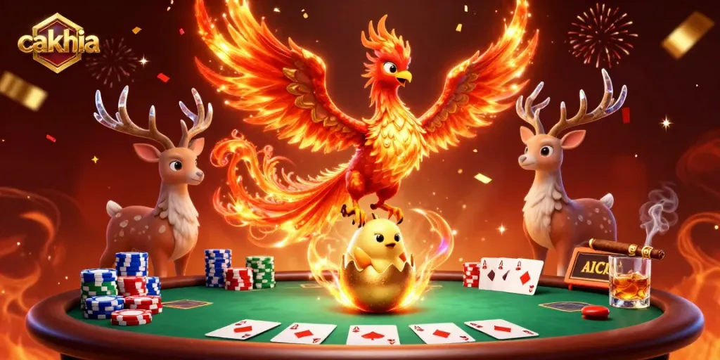 Cakhia's vibrant scene showcasing a fire phoenix, poker elements, and casino excitement.