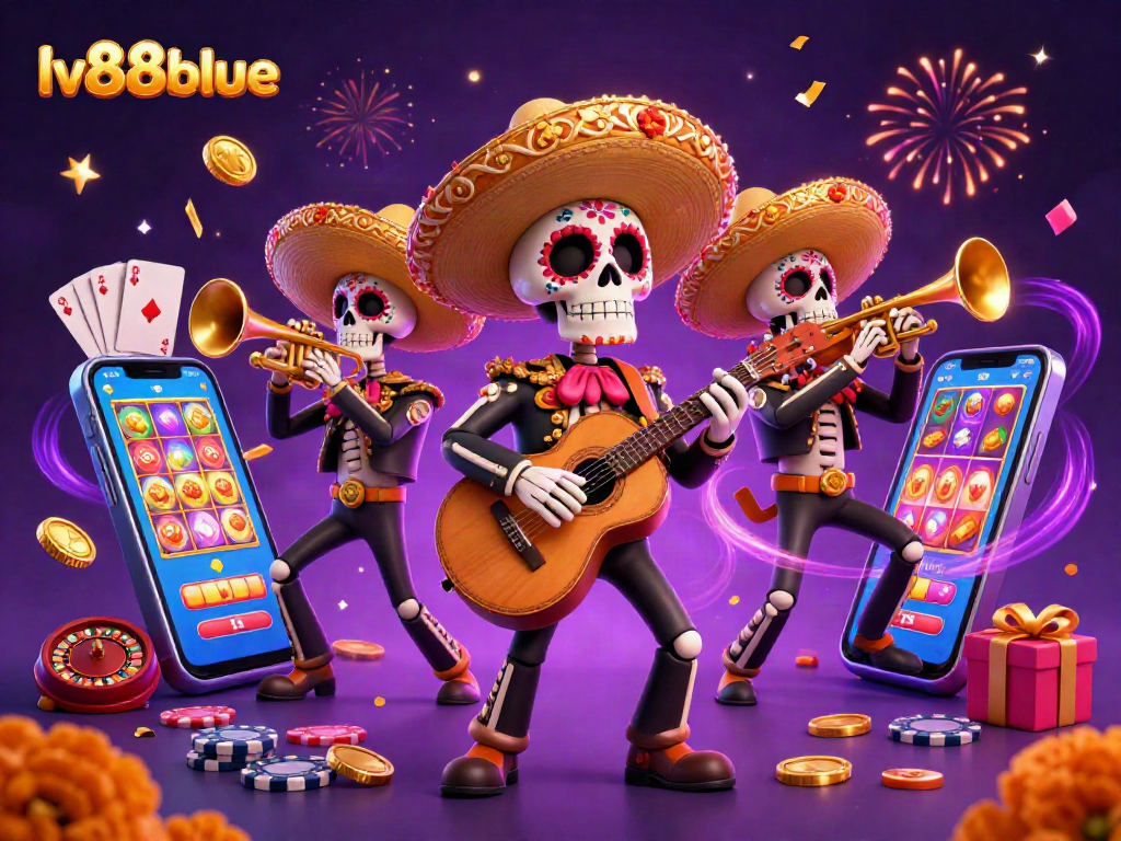 Celebrate at lv88blue with vibrant Day of the Dead-themed casino illustrations featuring characters and gaming elements.
