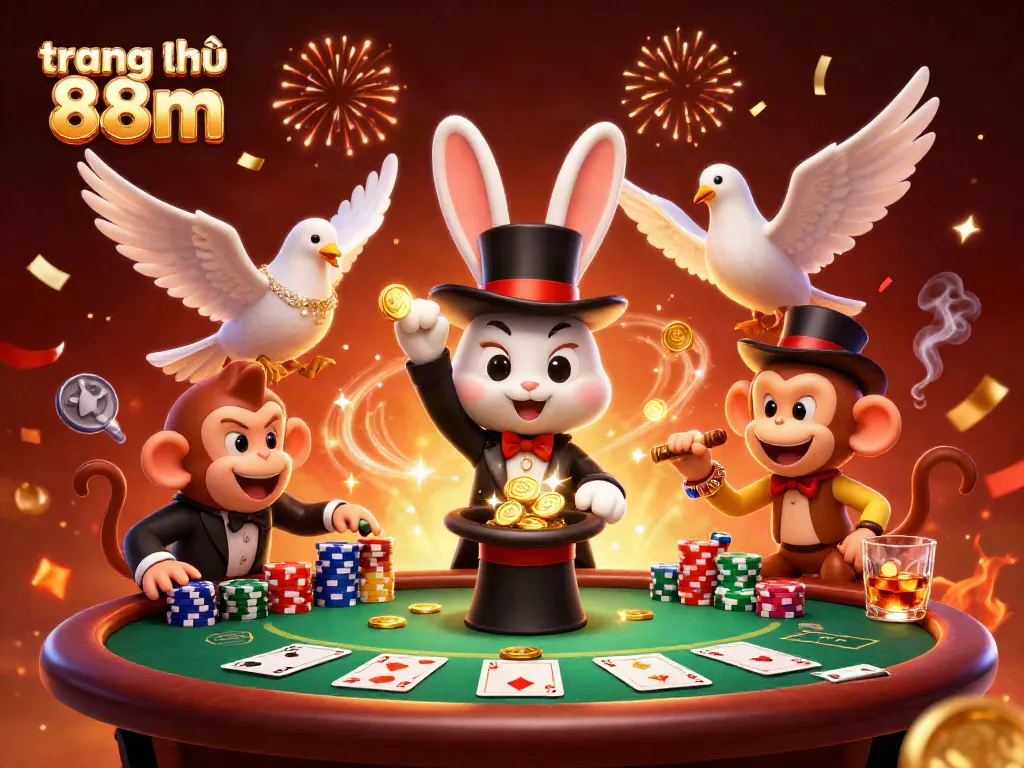 Engaging scene from trang chủ 88m featuring a magician rabbit, dove, and monkey amidst poker chips and golden coins.