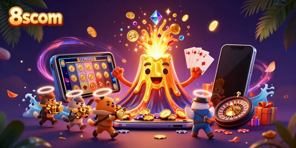 Experience excitement with 8scom as a golden volcano erupts coins amidst gaming treasures.