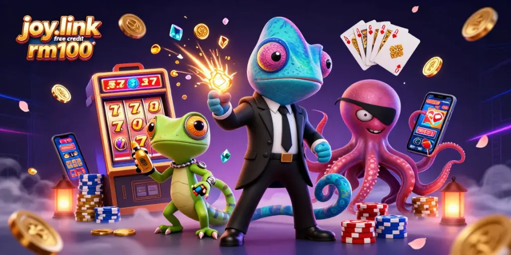 Experience excitement with joy.link free credit rm100, featuring 3D gaming characters and vibrant casino elements.