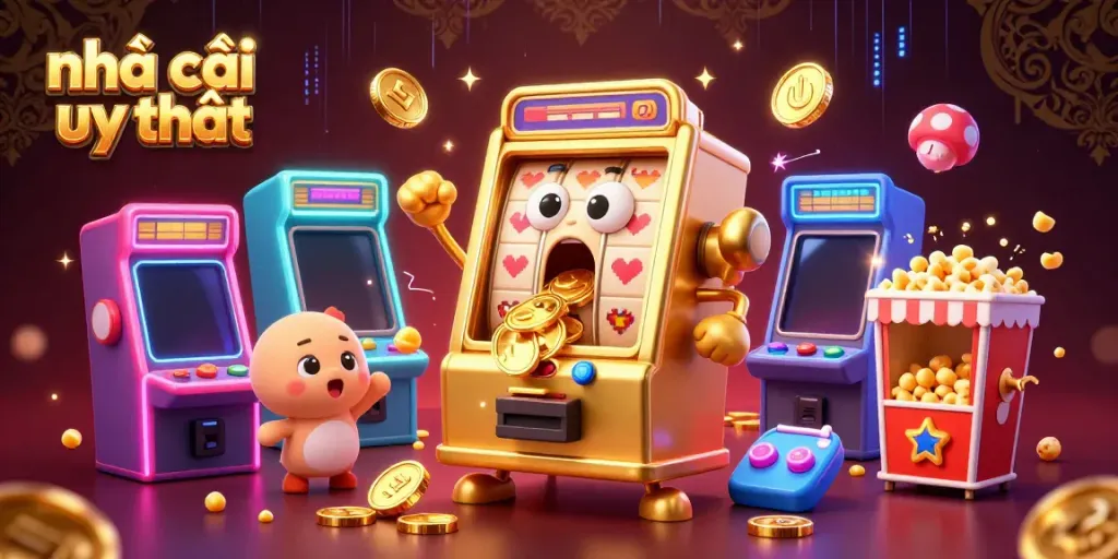Engaging scene of a 3D cartoon golden slot machine celebrating its jackpot, illustrating nhà cái uy tín with colorful game elements.