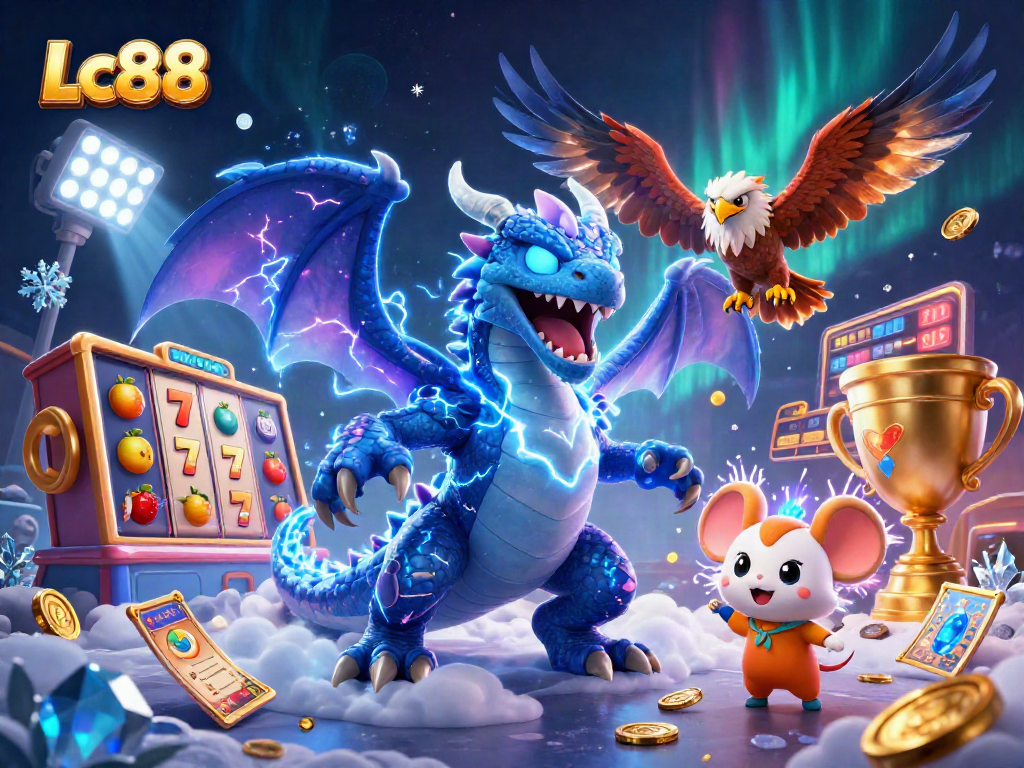 Engage in exciting gaming and slots at Lc88 with a dynamic 3D illustration featuring vibrant characters and elements.