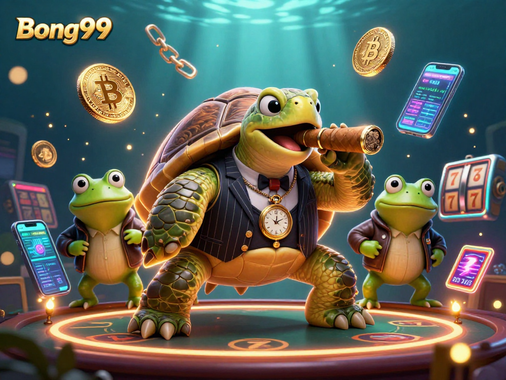 Bong99 showcases a vibrant 3D casino scene, featuring a snapping turtle mobster flanked by bullfrog enforcers amidst crypto and slot elements.