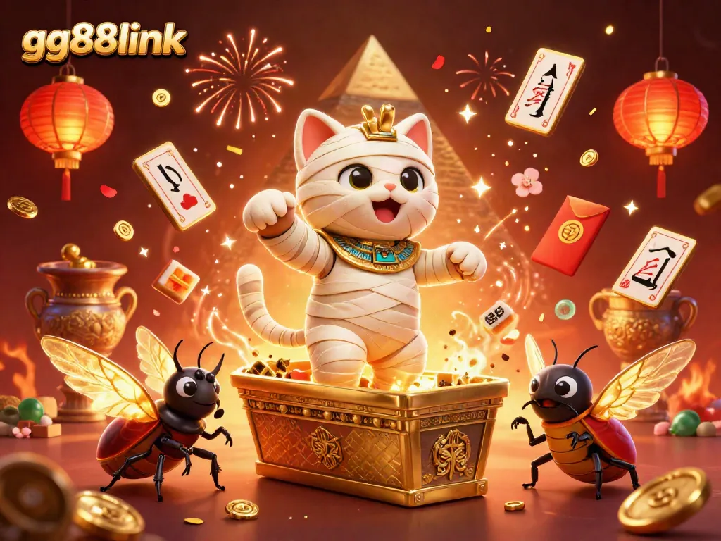 Experience excitement with gg88link, featuring a vibrant 3D illustration of a mummy cat in a casino.