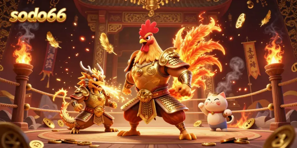 Engage in the thrilling world of sodo66 with a dynamic scene featuring a rooster warrior, dragon hatchling, and a fortune cat amidst a vibrant casino atmosphere.