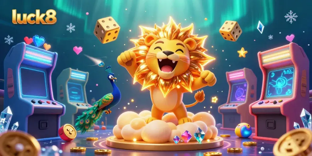 Experience the thrilling gaming universe of luck8 with an ultra-detailed carnival of animated characters and casino elements.
