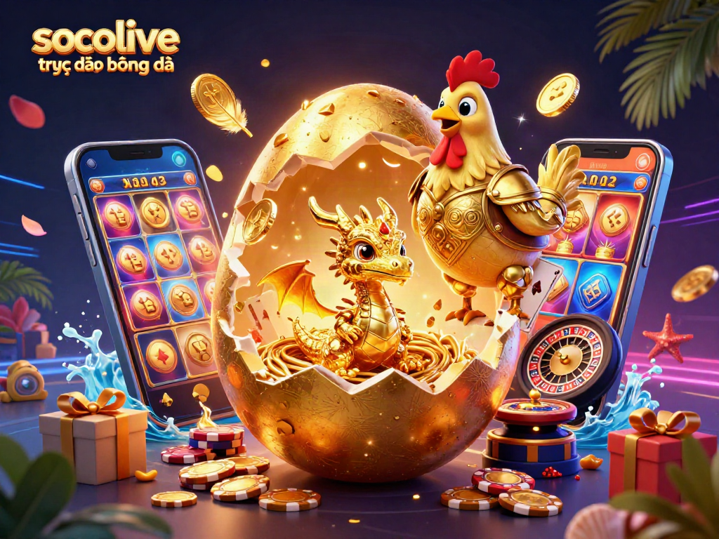 Experience thrilling gameplay with socolive trực tiếp bóng đá, featuring a golden dragon amidst vibrant casino elements.