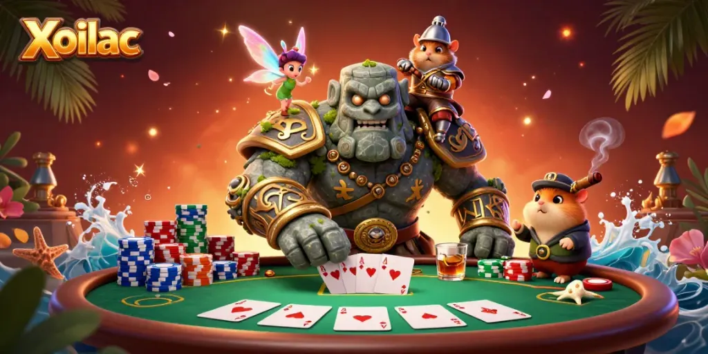 Xoilac showcases a vibrant and dynamic casino scene with an animated golem guardian and enchanted characters.