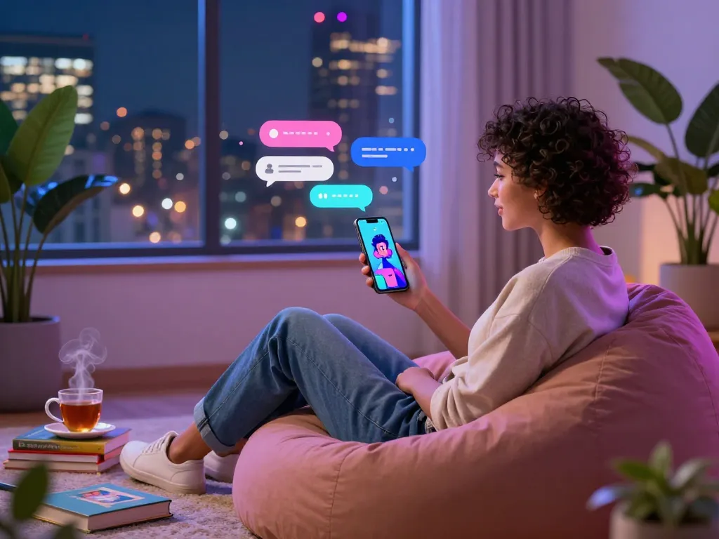 Interactive 18+ AI chatbot experience in a cozy home setting, showcasing a user enjoying personalized conversations.