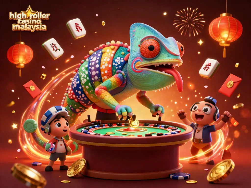 Engage at high roller casino malaysia with a vibrant scene showcasing a colorful chameleon owner.
