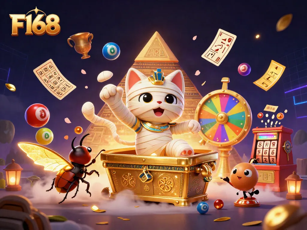 Play exciting games with F168, featuring a vibrant casino scene filled with dynamic lottery elements.