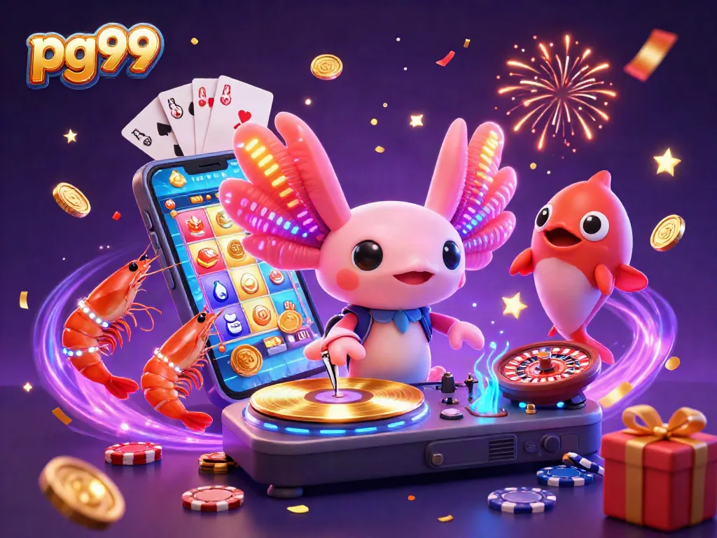 Engage with pg99's vibrant casino scene featuring dancing DJ axolotl and dynamic gaming elements.