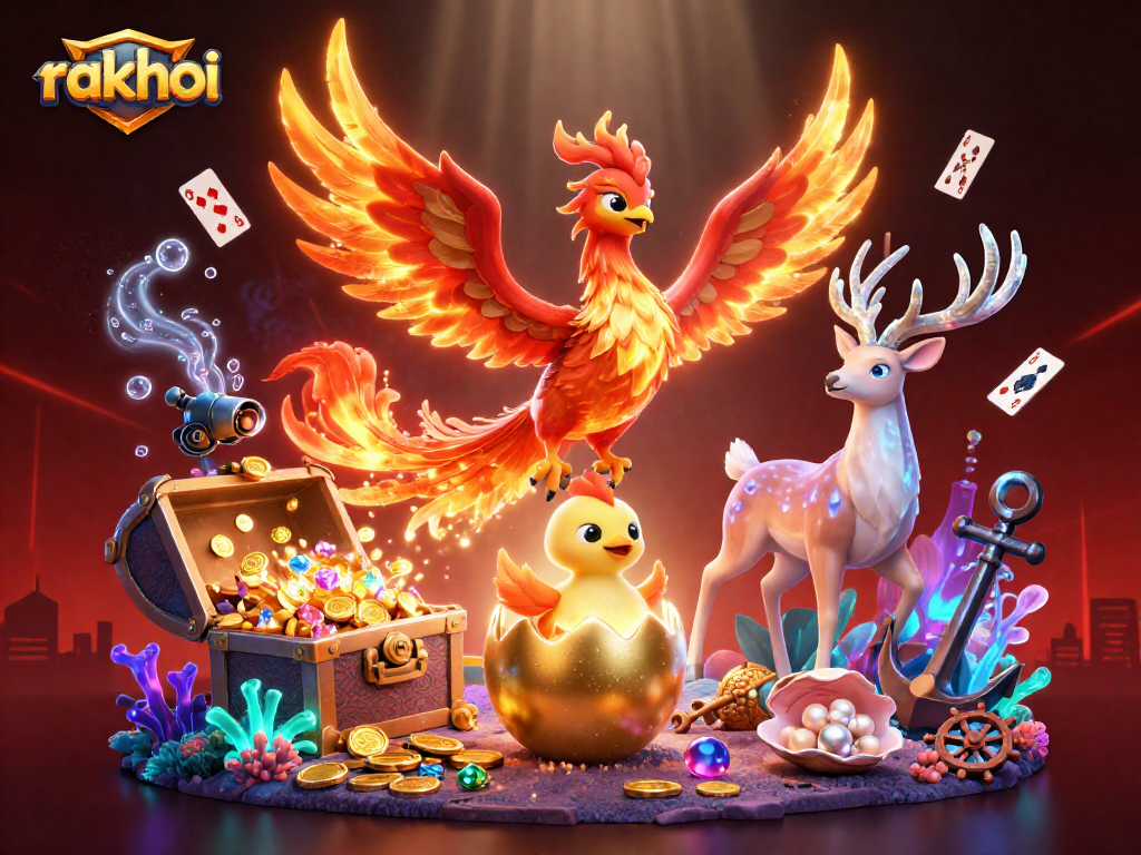 Engage with rakhoi's vibrant casino experience, featuring a fiery phoenix and magical elements.