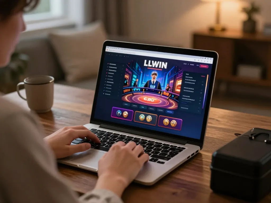 Engaging LLWIN online casino session with a player analyzing strategies on a laptop at home.