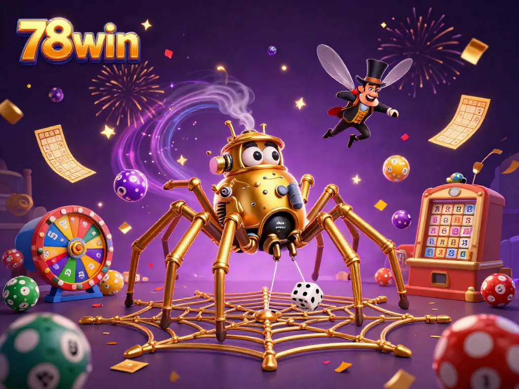 Immerse in thrilling 78win action with a steampunk spider capturing dice in dynamic casino illustration.