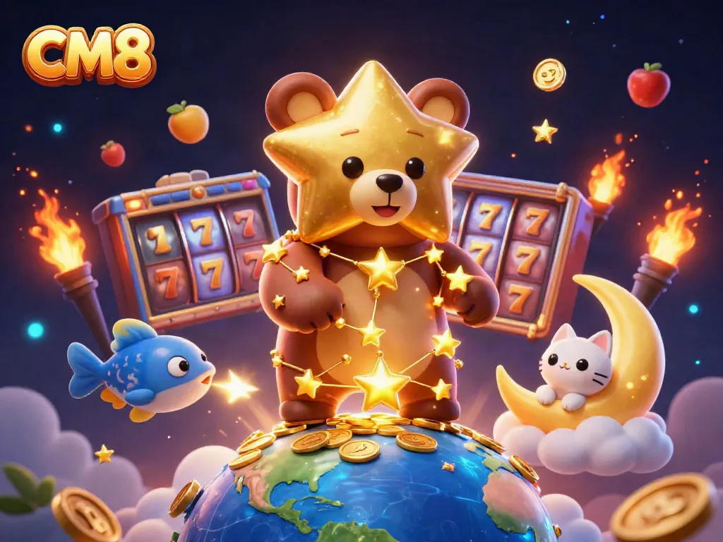 Experience CM8's thrilling slots with a vibrant 3D scene of a golden bear and jackpot coins.